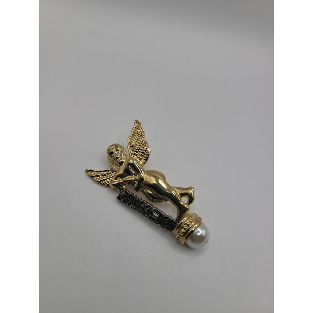 Vintage Madonna Angel Cherub Brooch Gold Tone Faux Pearl Religious Pin